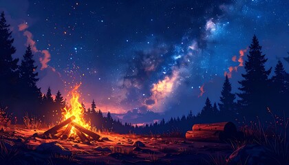 Campfire scene at night with trees, starry sky, and fire glow