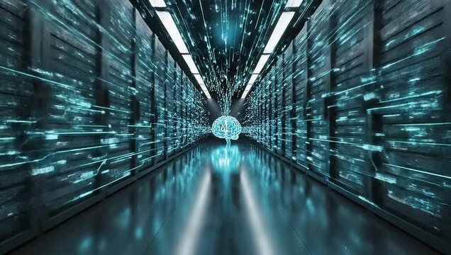 Machine learning brain with digital data streams in a futuristic server room environment