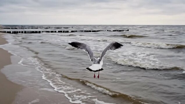 Seagull taking off and landing on a sandy beach by the sea with waves and groynes