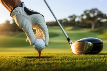Golfer placing ball on tee with driver ready for swing