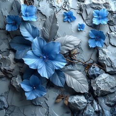 Blue flowers with grey leaves on fractured grey rock surface, forming an elegant, calming, and artful display
