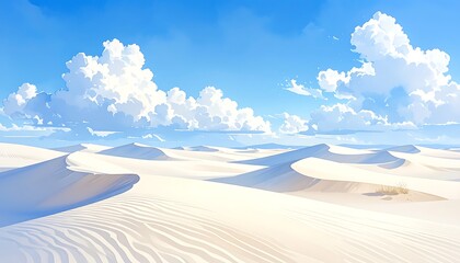 Bright desert landscape with smooth white dunes and a blue sky filled with fluffy white clouds