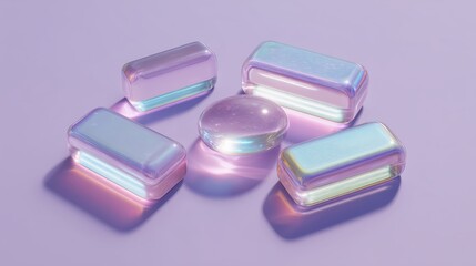 Iridescent glass molds on a lilac background. Five translucent three-dimensional objects: an oval tablet in the center and four rectangular blocks around, soft neon highlights in shades of blue