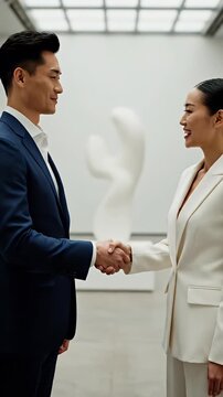 Elegant couple in formal wear share a tender moment while admiring modern art sculpture in a minimalist museum gallery a sophisticated and aspirational lifestyle image