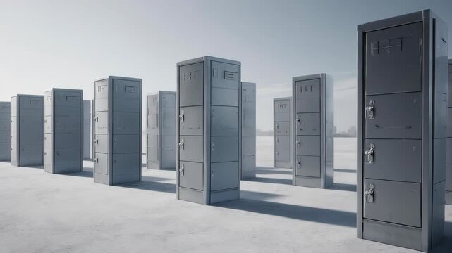 Rows of gray metal lockers stand in an open, cold landscape