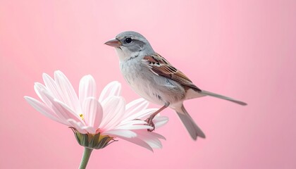 Small sparrow perched delicately on a soft pink daisy against a pastel background, showcasing natures gentle beauty.