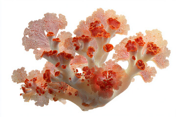 Vibrant, highly detailed structure resembling deep-sea coral or a biological growth, with fine red and orange textures against a white background.