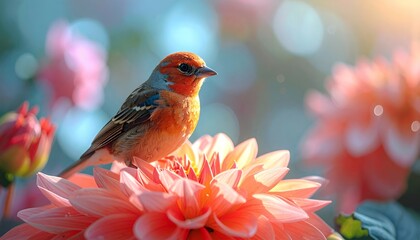 Small bird perched on a vibrant pink dahlia flower in a sunlit garden, showcasing delicate feathers and the beauty of nature.