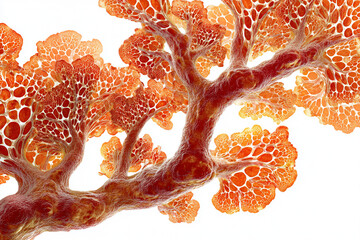 Abstract microscopic image of biofilm or coral-like growth with intricate, organic branching patterns in warm orange and red tones.
