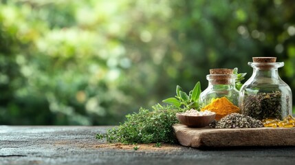 A serene arrangement of traditional herbal medicine ingredients,  on blurred background