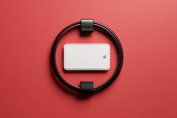 Modern, blank rectangular white badge or tag inside black, circular, and geometric design on a vibrant red background.