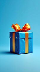 Blue gift box with a vibrant orange bow on a light blue backdrop, casting a soft shadow