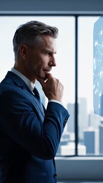 Mature businessman in a suit interacts with a futuristic holographic display showing network connections symbolizing innovation data analysis and modern business strategy