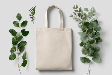 Blank, eco-friendly cotton tote bag mockup with greenery (eucalyptus and fern) on a white background, representing sustainability.