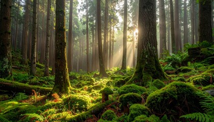 Sunlight filtering through a dense, moss-covered forest creating a magical and serene atmosphere.