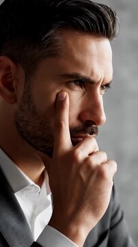 Pensive businessman in a suit contemplates a complex problem showcasing deep thought and strategic decision-making with a focused professional demeanor