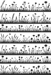 Wild grass and flower silhouettes, nature border vector, meadow plants design, floral decoration, botanical illustration, spring garden art elements