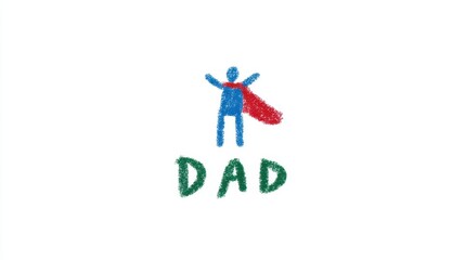 Crayon drawing of a dad as a superhero with a red cape and blue outfit, featuring the word 'DAD' in green letters on a white background