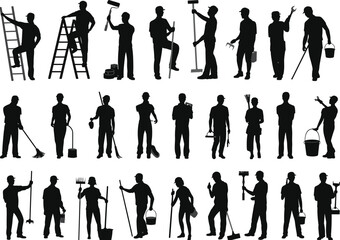 Worker silhouette collection, construction labor, painting, cleaning tools, handyman vector set, maintenance staff illustration, industrial job people design