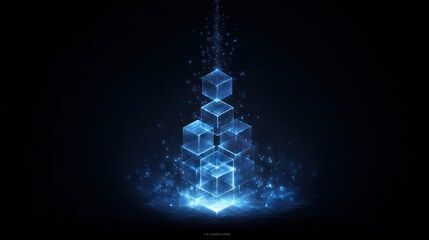 Abstract glowing blue cubes displayed on black background with light effects