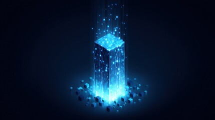 Abstract digital cube with streaming data and glowing light effects