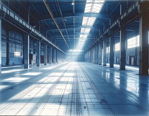 Bright, empty warehouse interior with tall pillars and sunlight streaming through skylights onto the clean, tiled floor