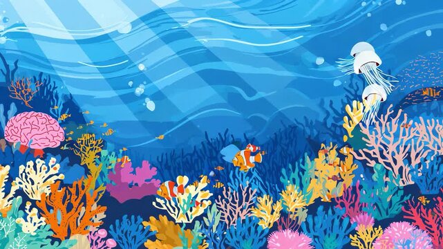 Vibrant and colorful underwater ocean scene illustration featuring a diverse coral reef ecosystem teeming with marine life including clownfish other small fish