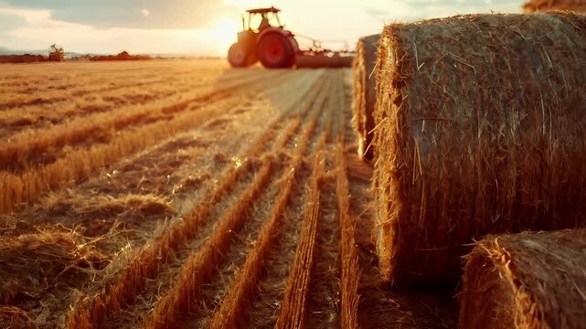 A closeup shot of hay bales in a field during sunset. The bales are golden in color, with the sun casting a warm, golden hue over the scene. The texture of the hay is visible.