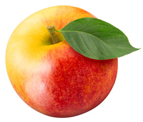 A fresh apple with leaf isolated on white background, Juicy and bright Apple on White Background PNG File.