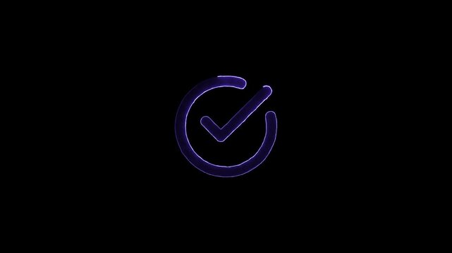 Purple glowing checkmark inside a circle symbol on a dark background Keywords: checkmark, tick, mark, symbol, icon, verification, confirmation, approval, success, done, completed, accepted