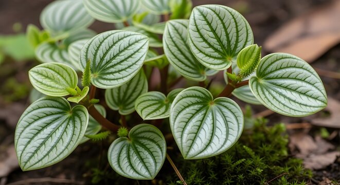 Peperomia argyreia, watermelon peperomia plant with distinct silverstriped leaves growing in soil and moss.