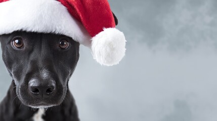 An adorable black dog wearing a festive Santa hat is looking at the camera. Al-generated