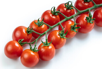 Fresh Bunch of Red Cherry tomatoes on white background, Red Cherry tomatoes bouquet on a White PNG File.