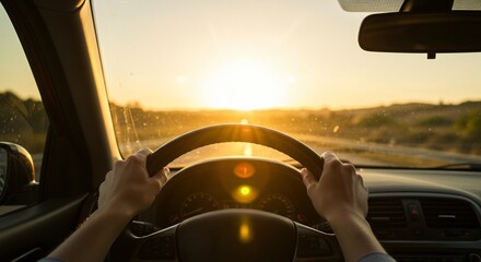Driving into the sunset, hands gripping the wheel, dashboard in view, the open road ahead, nature's light guiding the way.