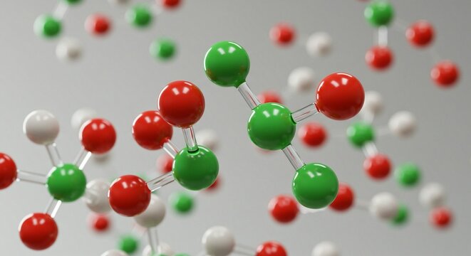 Illustration of molecular structure featuring green, red, and white spheres linked by transparent rods in a 3D space. - Powered by Adobe