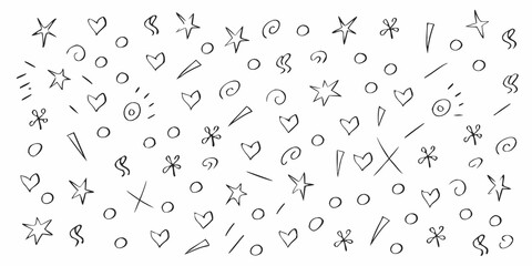 A whimsical sketch featuring various hand drawn shapes and doodle like elements