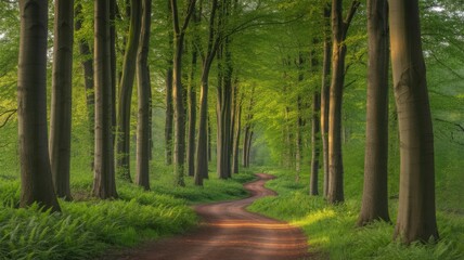 Obraz premium Sunlit forest path winding through tall green trees