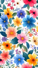 Bright floral pattern on white. Colorful flowers and leaves arranged artfully in an uplifting, vibrant design