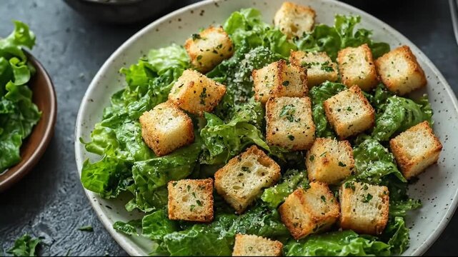 Fresh Caesar salad with croutons on a plate, garnished with herbs, served