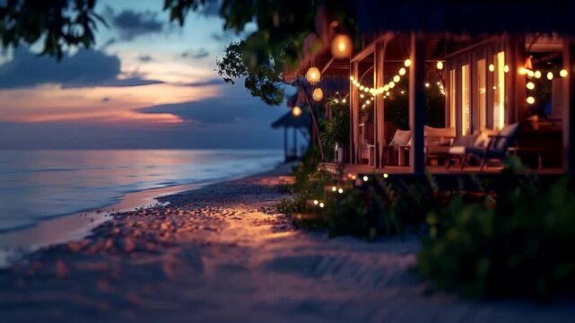 A tranquil beachside setting during twilight, with a wooden structure adorned with string lights and hanging lanterns. The sky is painted in hues of pink, purple, and blue.
