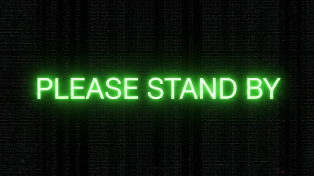 Blue Neon "Please Stand By" Text Reflected on Wet Floor in Dark Industrial Setting