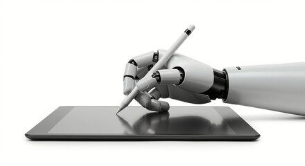 A robot hand meticulously uses a stylus on a tablet, showcasing the intersection of technology and human-like precision.