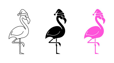 Set of three flamingo icons wearing santa hats, outline, silhouette, and color