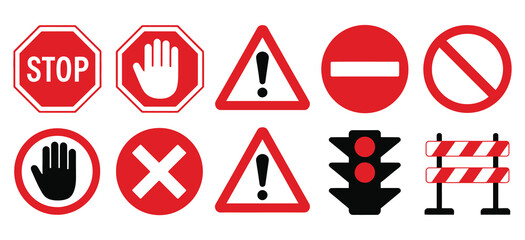 Road Safety Signs and Symbols Collection, a versatile vector set featuring stop, warning, prohibition, no entry, traffic light, and barrier icons for diverse design