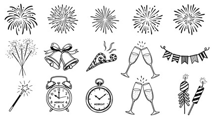 Set of hand drawn new year and celebration icons fireworks, clocks, champagne, bells, streamers