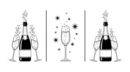 Champagne bottle and glasses celebration set black and white outline icons