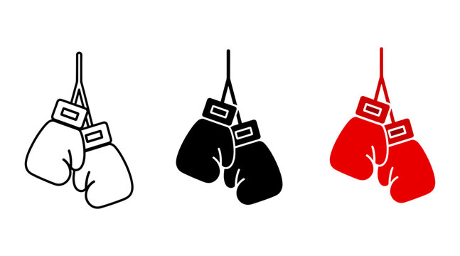 Three styles of hanging boxing gloves outline, solid black, and solid red icons