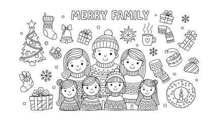 Merry family doodled portrait with christmas and winter elements coloring page