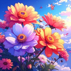 Bright flowers in a meadow, vibrant petals against a blue sky with soft clouds and butterflies fluttering around