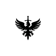 Obraz premium Black eagle silhouette with sword and wings symbol on white background